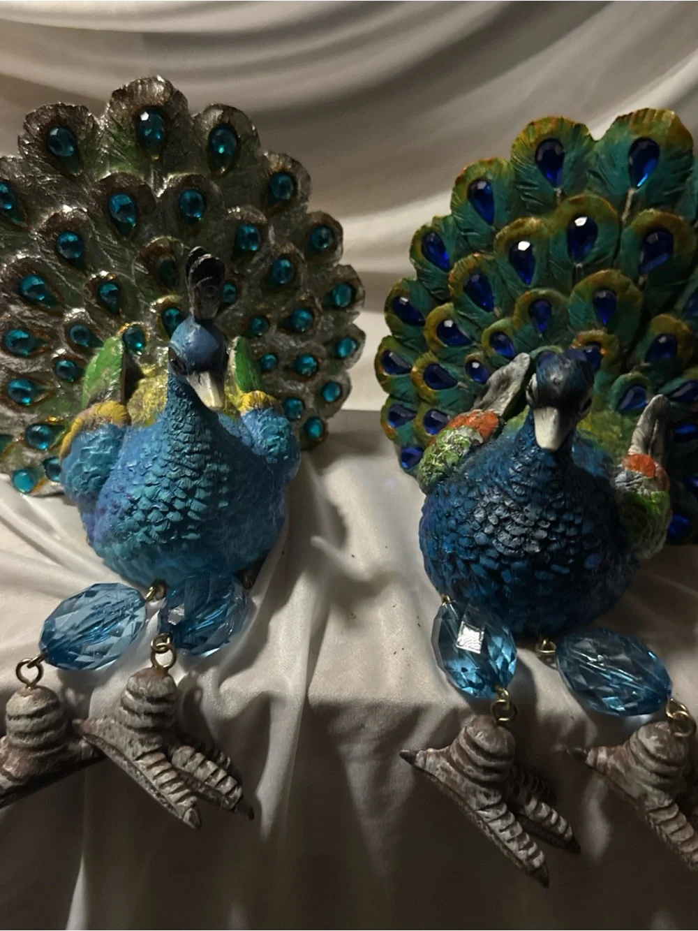 Blue Peacock Shelf Sitter Figurines/Bedazzled Tail, Resin, Movable joints,of 2